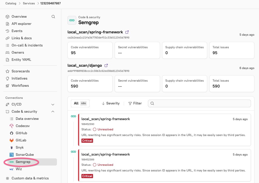 On an entity, click Code & security > Semgrep to view vulnerability details from Semgrep.
