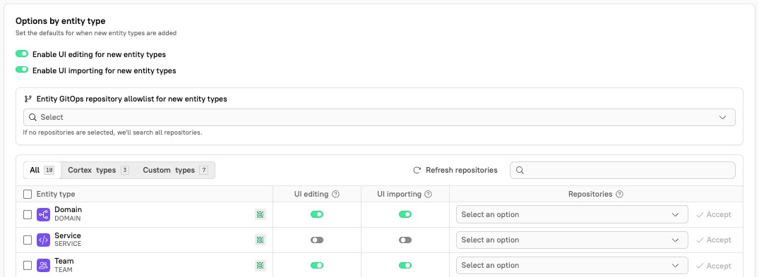 Adjust UI editing settings for entity types.