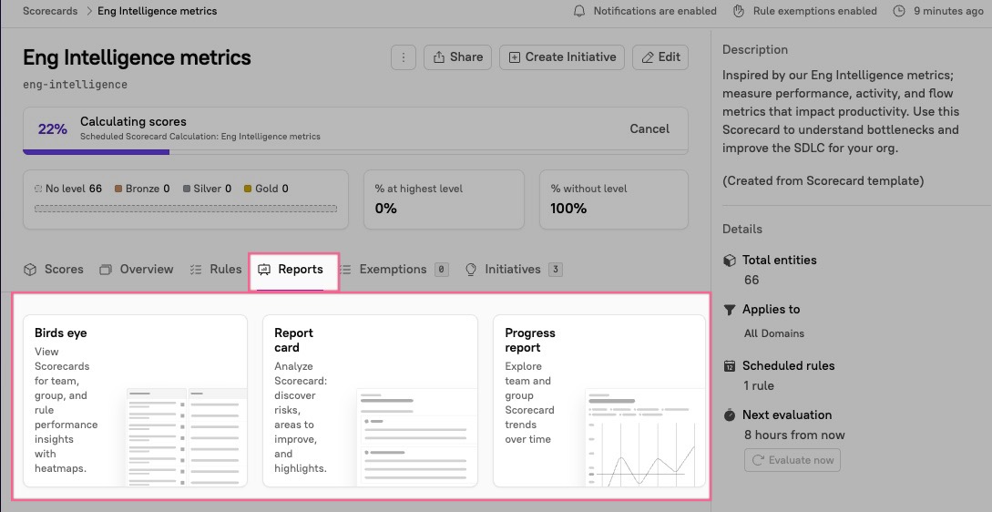 Click the Reports tab in a Scorecard to access reports.