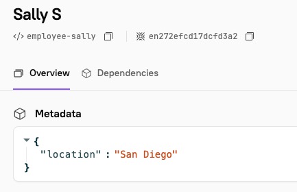 An entity called "Sally S" displays metadata. For a property called "location," the value is "San Diego."
