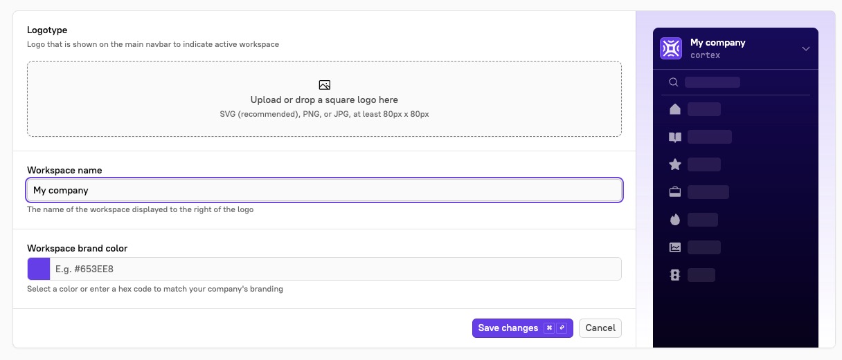 Enter a workspace name, upload a logo, and choose a brand color.