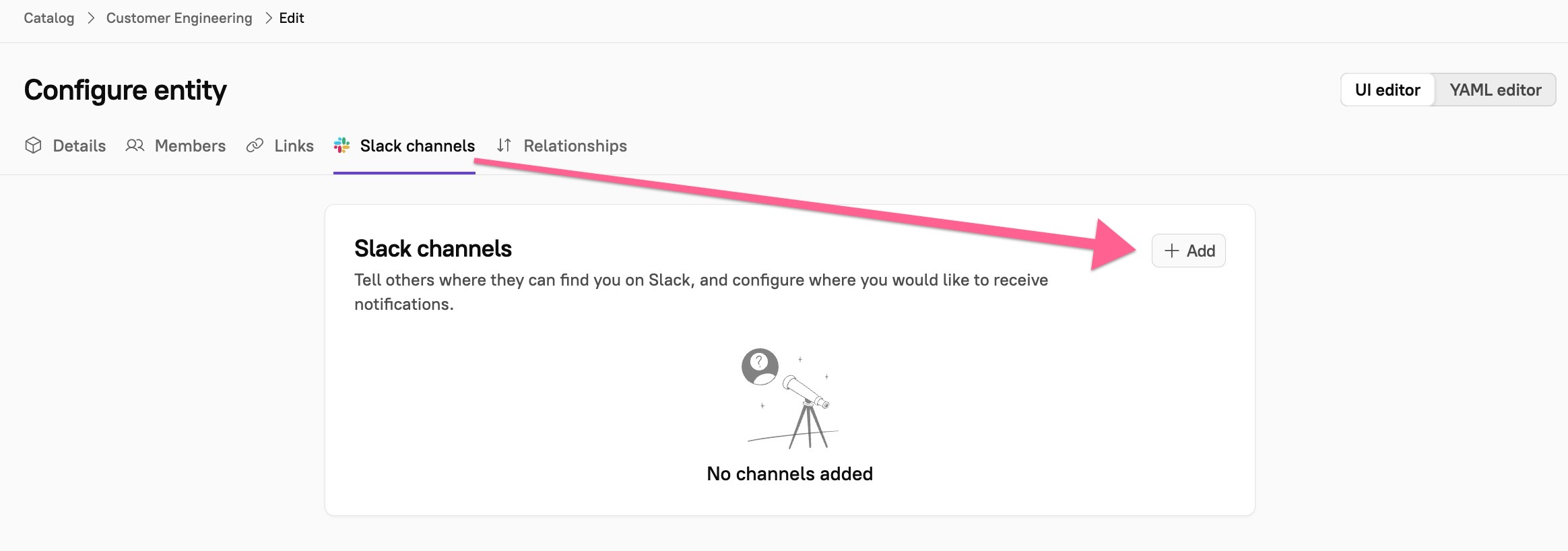 Click the Slack Channels tab, then click +Add.