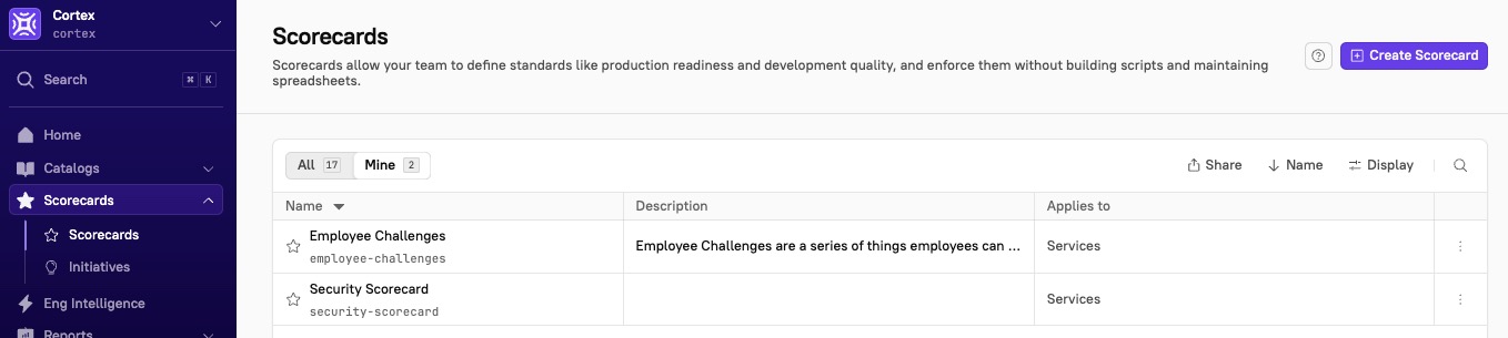 A list of scorecards is displayed