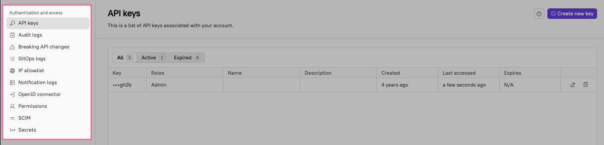 Access authentication settings in the Settings page.