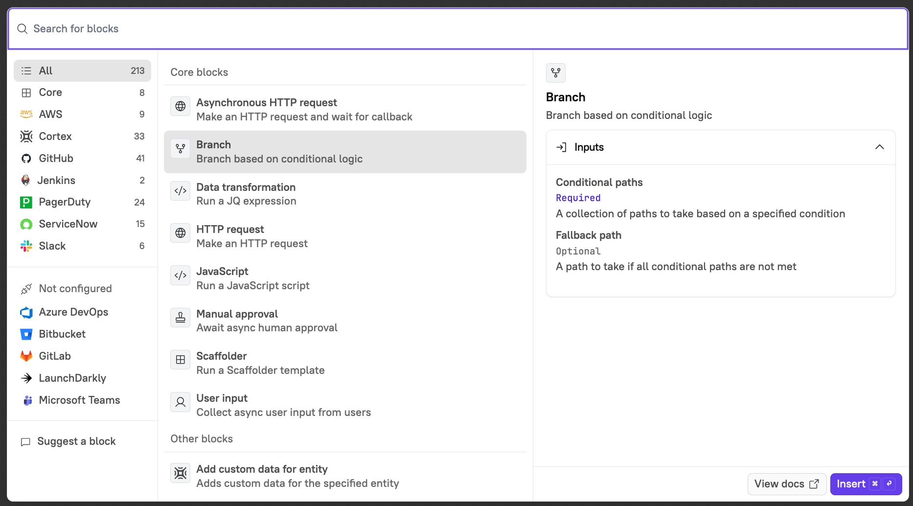 The searchable blocks library lists available core blocks, Cortex blocks, and integration blocks.
