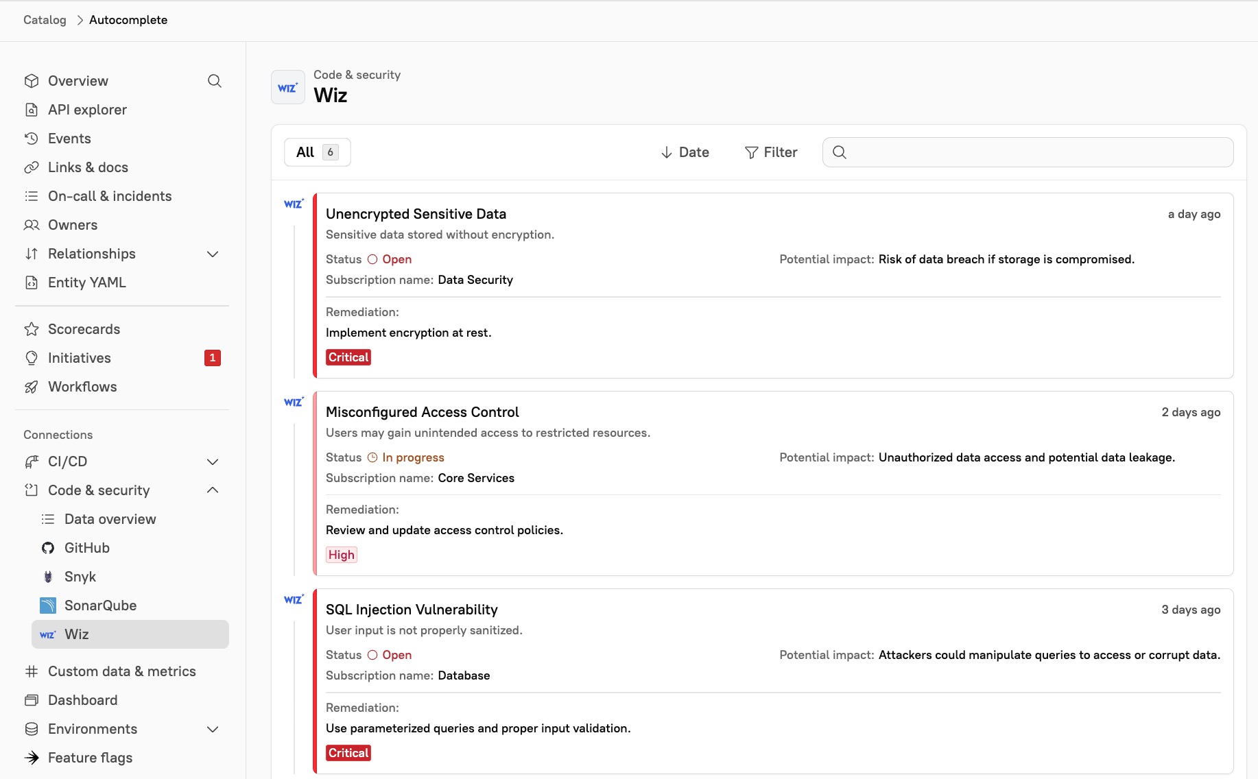 View Wiz issues on the entity details page under Code & security.