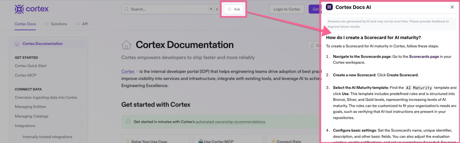 Click Ask at the top of the docs, ask questions in natural language, and receive quick answers from AI.