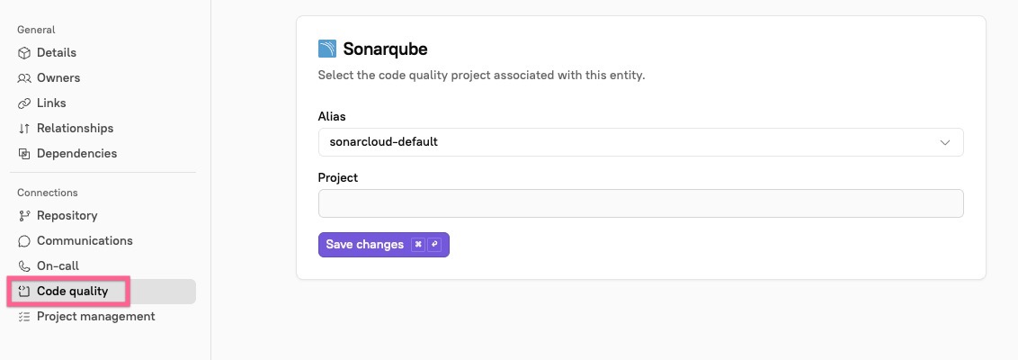 Click Code quality, then enter your SonarQube project details.
