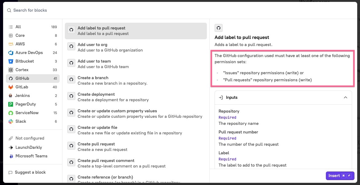 The required permissions for a block appear in the block library.