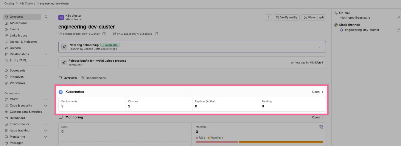 Kubernetes data appears in the Kubernetes block on the entity details page overview.