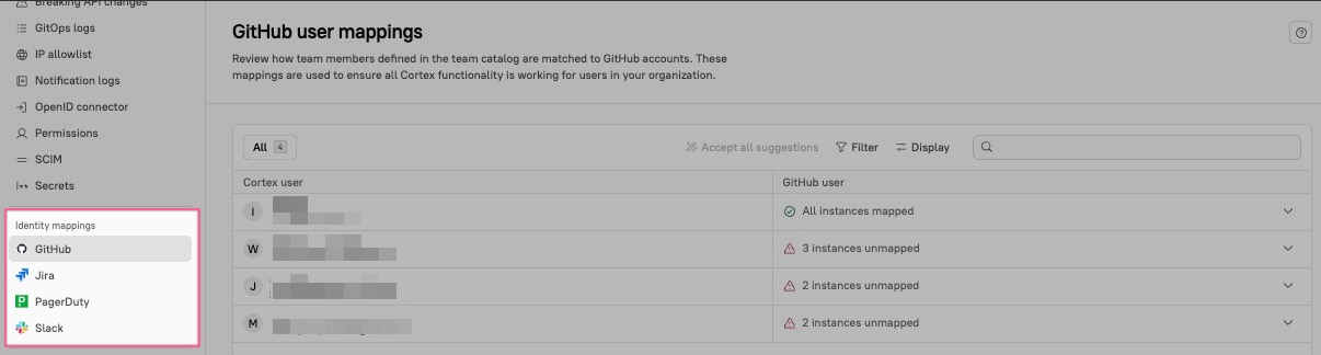 Configure identity mappings in the Settings page.