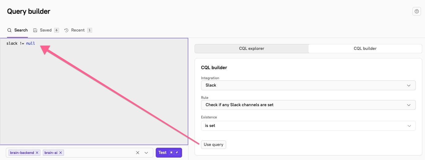 Click "Use query" in CQL builder, then the query populates the CQL search field.