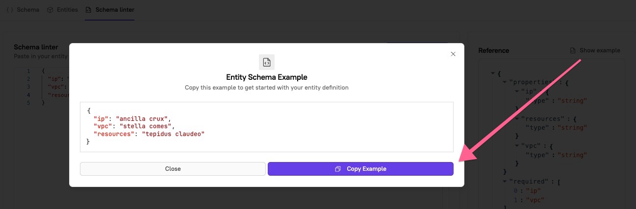 Click Show example to see an example schema, then click Copy example.