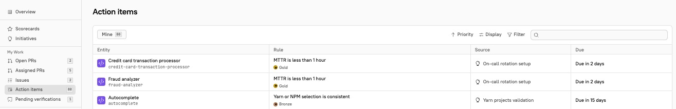 Action items are listed on the homepage.