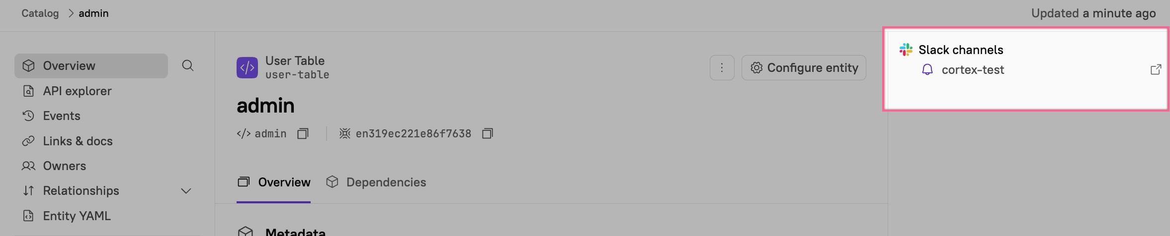 Slack channels appear in the top of an entity details page.