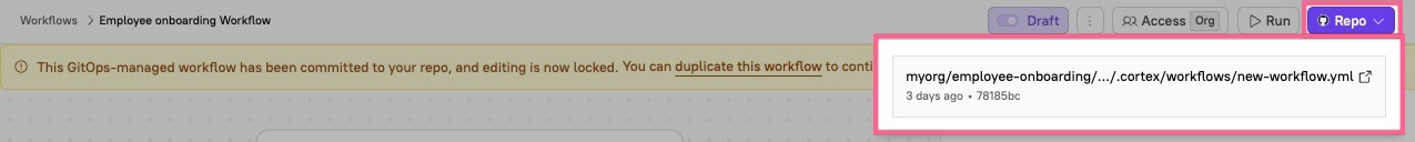 The 'Repo' icon in the upper-right corner of a Workflow.