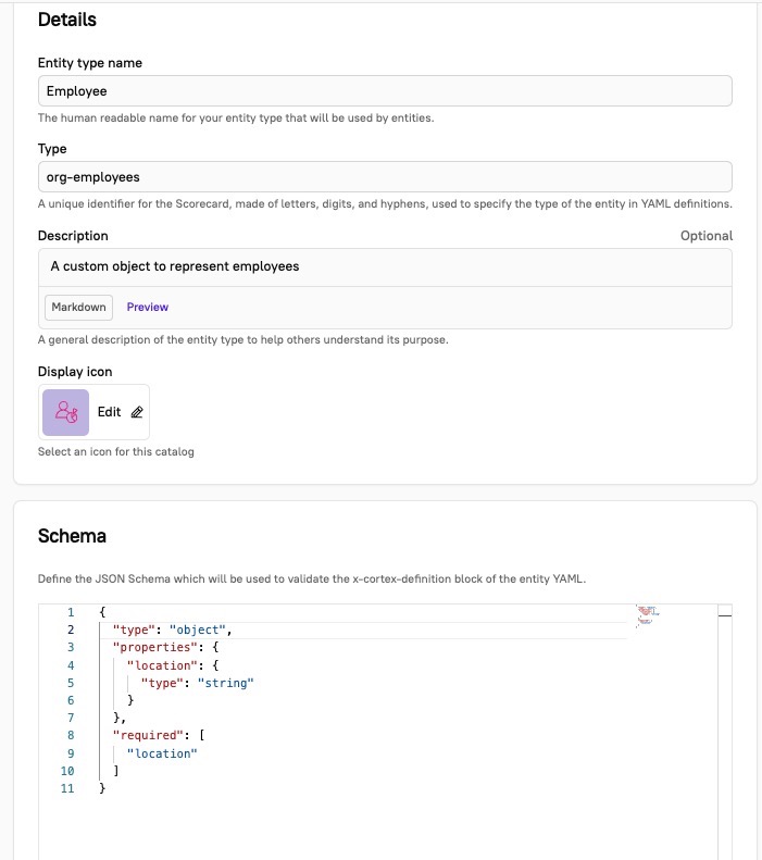 A custom entity called Employee contains example JSON demonstrating how to configure a required "location" field.