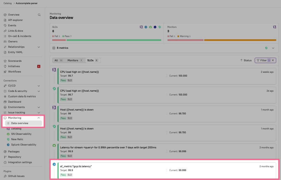 View SLOs in the entity sidebar under Monitoring > Data overview.