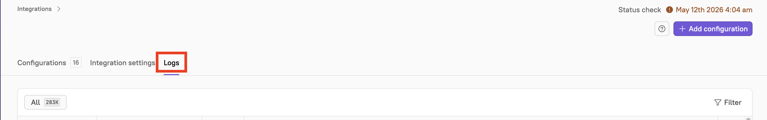 The 'Logs' tab on an integration's settings page shows error information over the past 7 days.