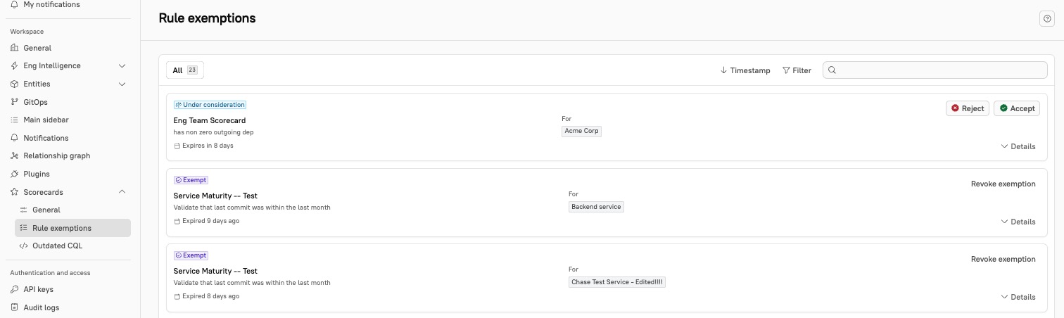 A list of rule exemptions is in the Scorecard settings.