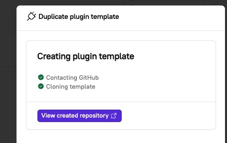 The 'View created repository' button in the 'Duplicate plugin template' sidebar.