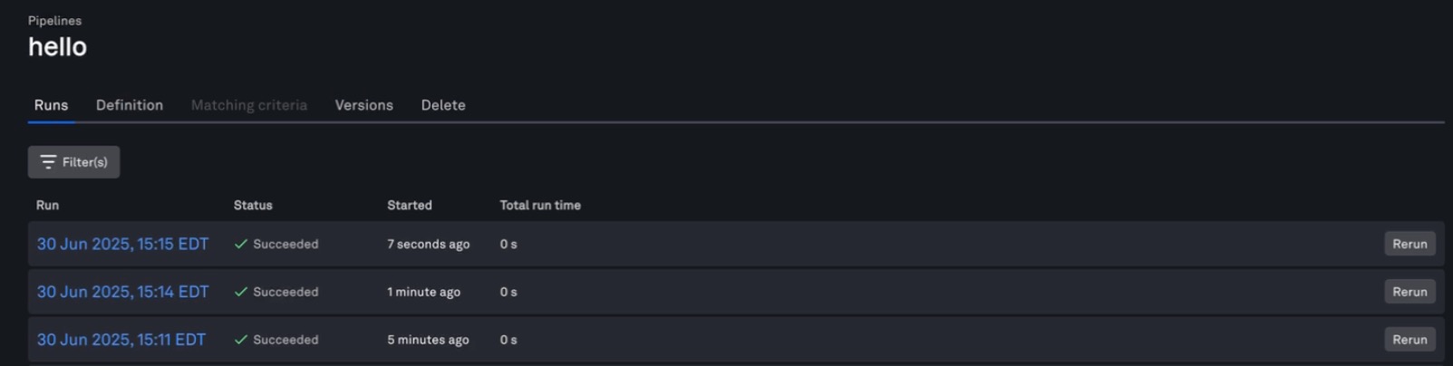 Runs are listed in Humanitec under the app's pipeline runs tab.
