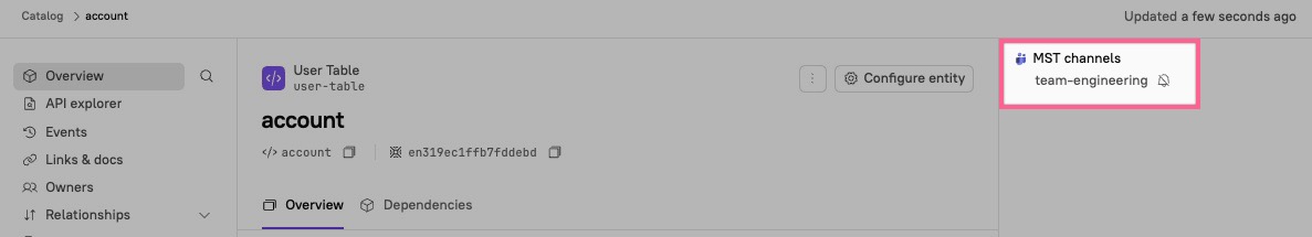 The MS Teams channels appear in the upper right side of an entity details page.