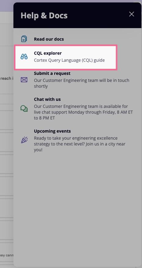 Click the CQL explorer link in the "Help and docs" sidebar.