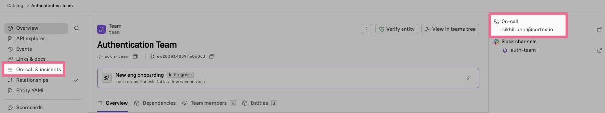 On-call information appears on the right side of an entity details page.