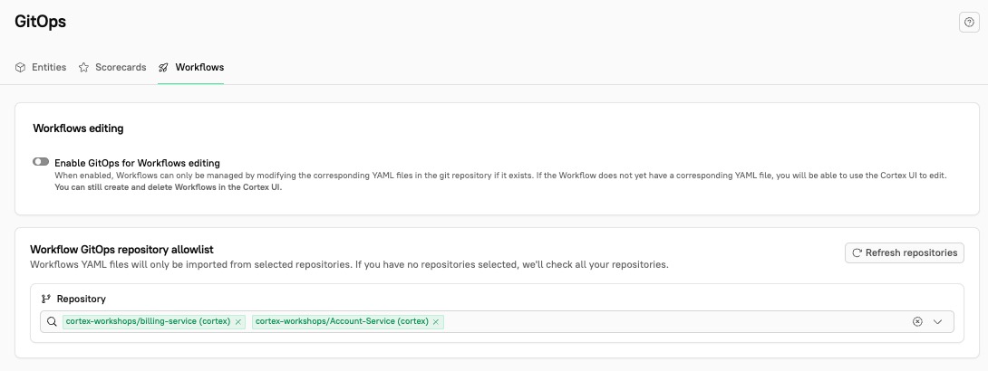 Adjust settings to manage Workflows in the UI or via GitOps.