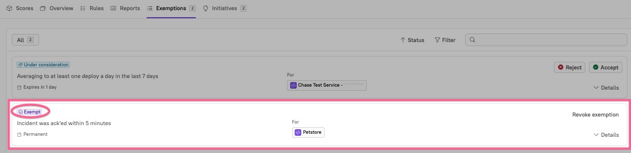 The rule displays with "Exempt" to show it has been approved for exemption.
